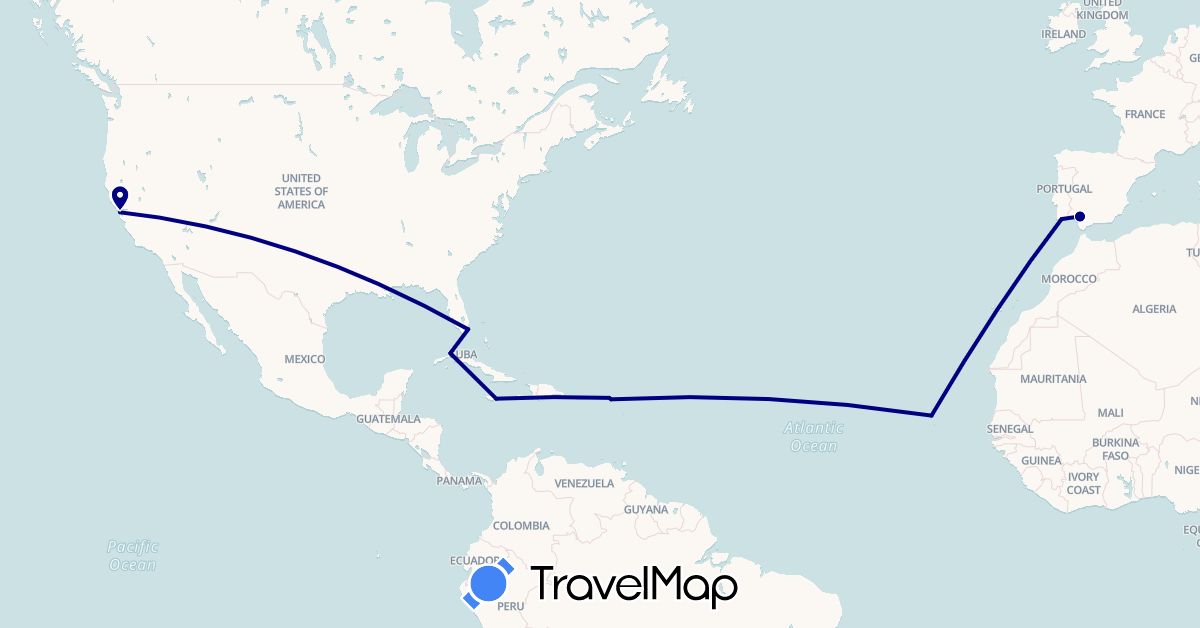 TravelMap itinerary: driving in Cuba, Cape Verde, Spain, France, Jamaica, Portugal, United States (Africa, Europe, North America)